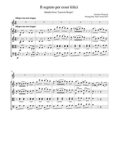 Donizetti:Il segreto per esser felici from "Lucrezia Borgia" for voice and string quartet/ Orchestra (arr. Amir Awad)
