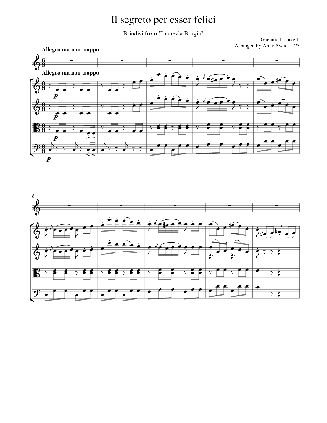 Donizetti:Il segreto per esser felici from "Lucrezia Borgia" for voice and string quartet/ Orchestra (arr. Amir Awad)