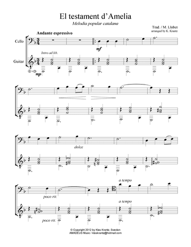 El Testament d'Amelia for cello and guitar (arr. K. Krantz)