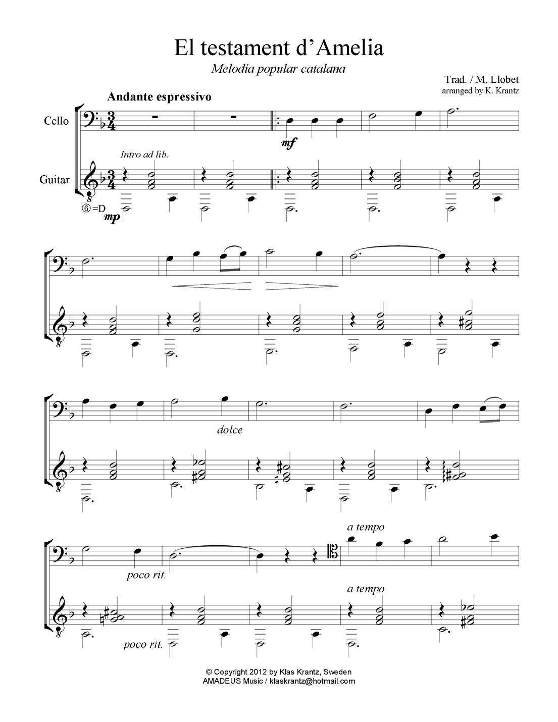 El Testament d'Amelia for cello and guitar (arr. K. Krantz)