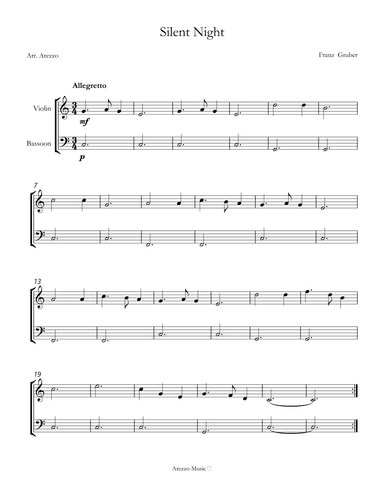 Silent Night carol sheet music for beginners violin and bassoon (arr. Arezzo Music)