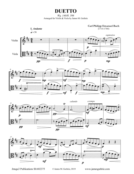 CPE Bach: Duetto Wq. 140 for Violin & Viola (arr. James M. Guthrie, ASCAP)