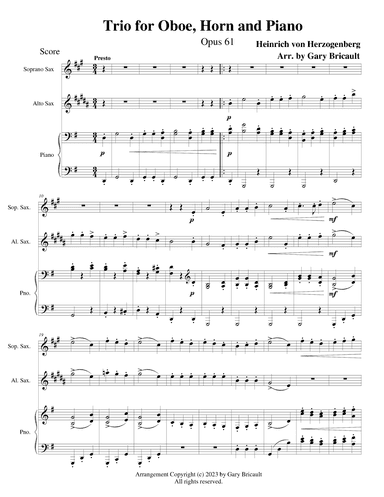 Trio for Oboe, Horn and Piano - Opus 61 - Presto (arr. Gary Bricault)