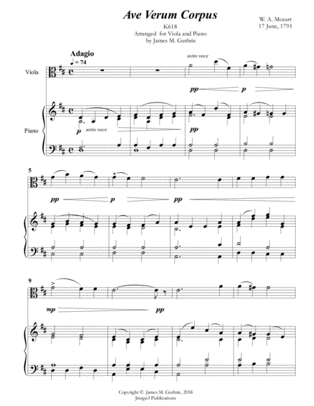 Mozart: Ave Verum Corpus for Viola & Piano (arr. James M. Guthrie, ASCAP)