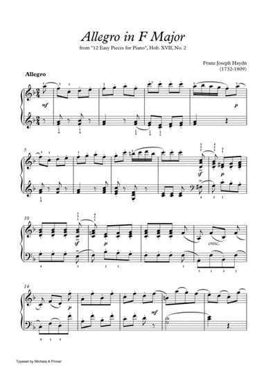 Allegro in F Major (Hob. XVII, No. 2) by Haydn (arr. Michela A. Pinner)