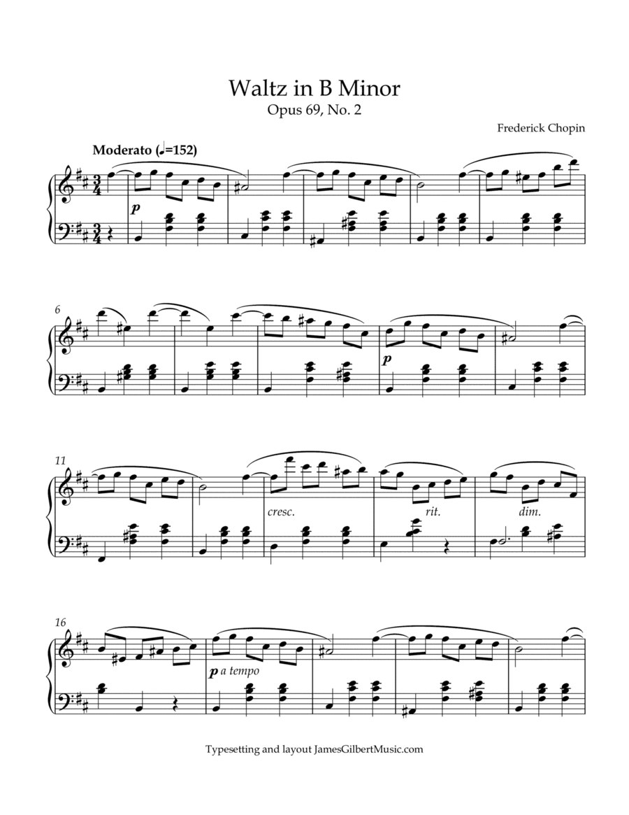 Waltz in B minor, Opus 69 No 2 (arr. James Gilbert Music)