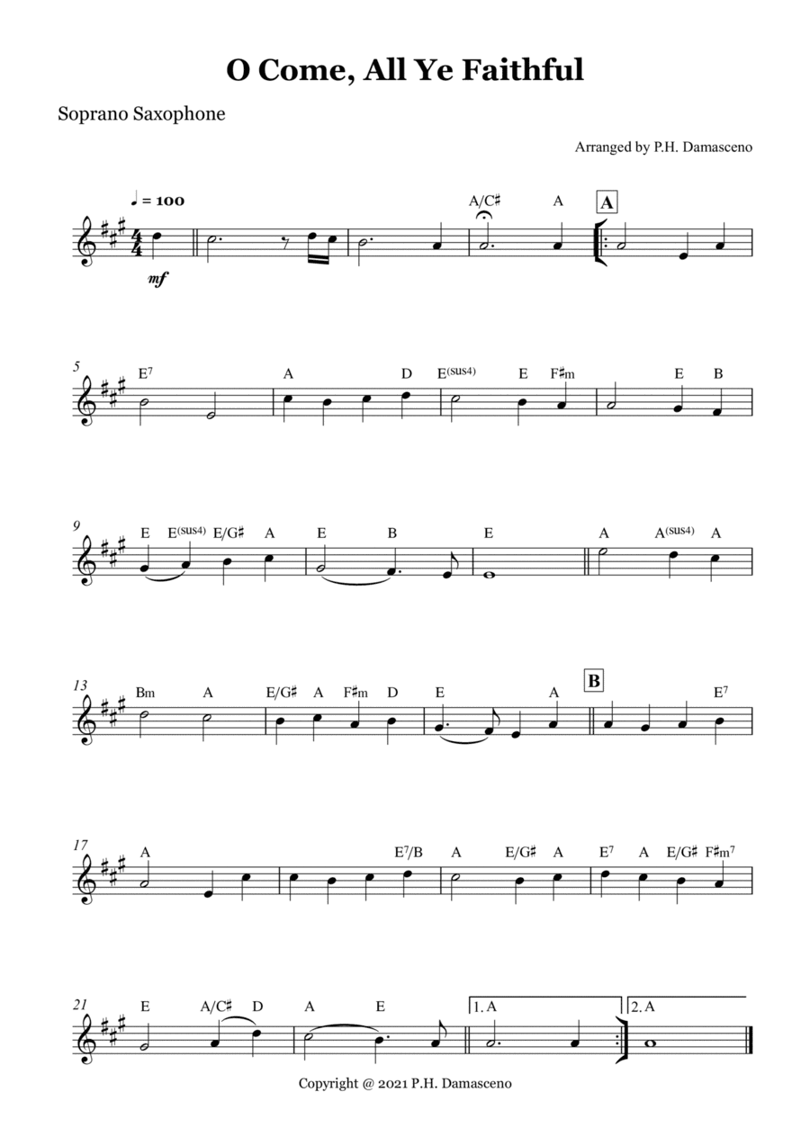 O Come, All Ye Faithful - Soprano Saxophone Solo with Chords (arr. P.H. Damasceno)