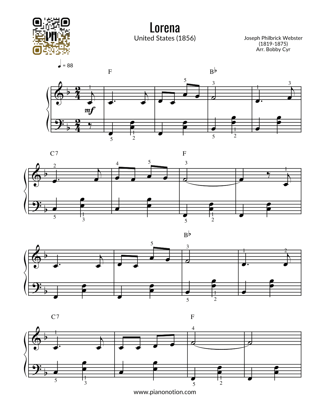 Lorena - Joseph Philbrick Webster (Easy Piano) (arr. Bobby Cyr - Piano Notion)