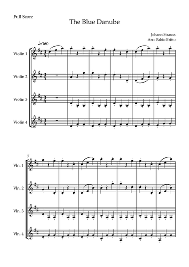 The Blue Danube (Waltz by Johann Strauss) for Violin Quartet (arr. Fabio Britto)