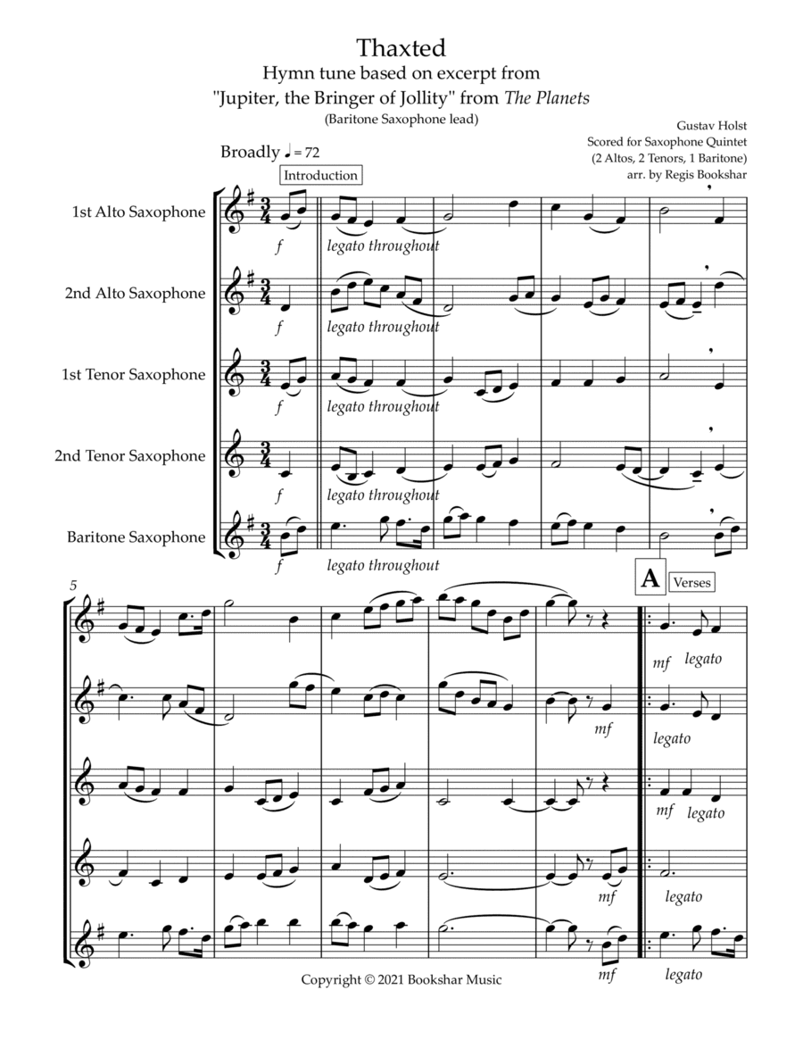 Thaxted (hymn tune based on excerpt from "Jupiter" from The Planets) (Bb) (Saxophone Quintet - 2 Alt (arr. Regis Bookshar)