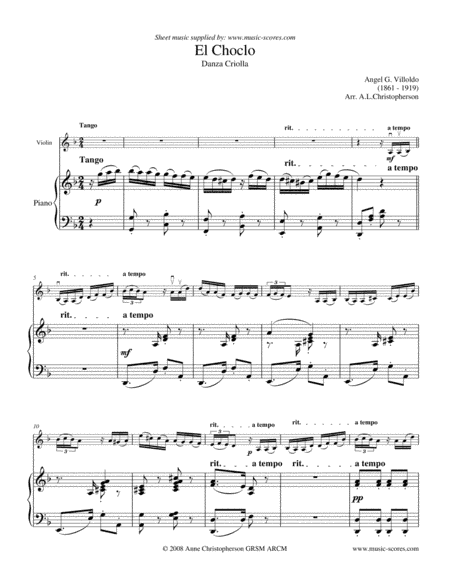 El Choclo - Violin (Harder) and Piano (arr. Anne Christopherson GRSM ARCM)