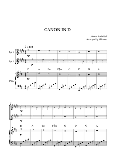 Canon in D | Pachelbel | Trumpet in Bb Duet | Piano accompaniment (arr. Milanov)