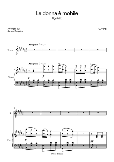 La donna è mobile - for Tenor - in B (arr. Samuel Sequeira)