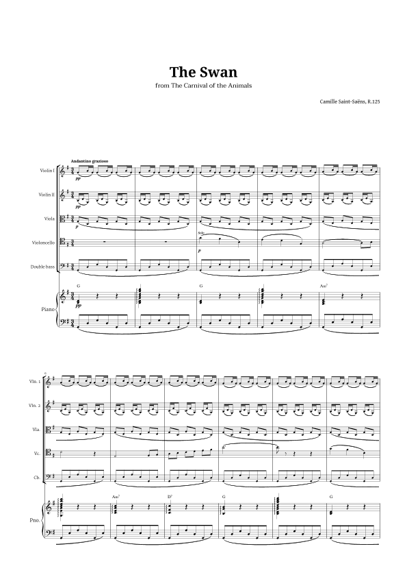 The Swan by Saint-Saëns for String Quintet and Piano with Chords (arr. Langanho)
