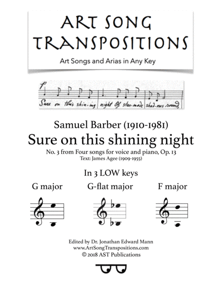 Sure On This Shining Night, Op. 13, No. 13 (arr. ArtSongTranspositions.com)