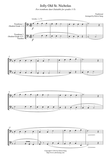 Jolly Old St. Nicholas (for trombone duet, suitable for grades 1-5) (arr. Edwin Sung)