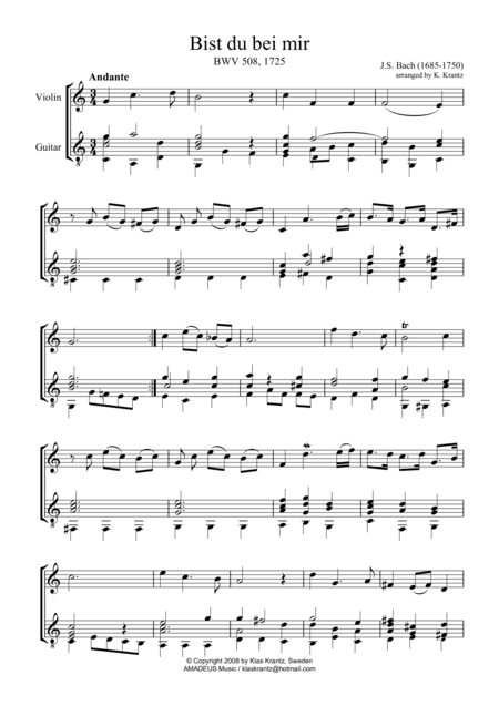 Bis du bei mir BWV 508 for violin and guitar (arr. Amadeus Music)
