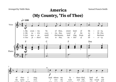 America (My Country, 'Tis of Thee) - Voice and Piano in F (+CHORDS) (arr. Valdir Maia)
