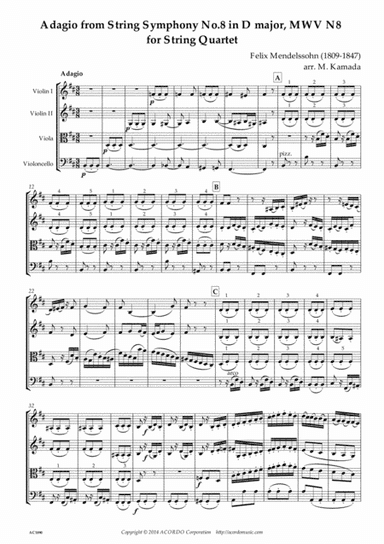Adagio from String Symphony No.8 in D major, MWV N8 for String Quartet (arr. Kamada, Mikio)