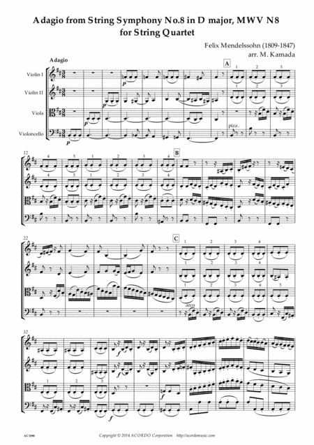 Adagio from String Symphony No.8 in D major, MWV N8 for String Quartet (arr. Kamada, Mikio)