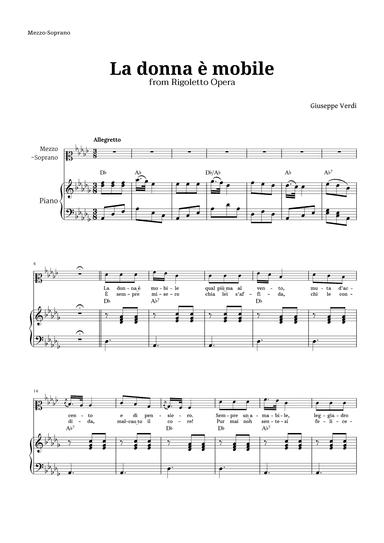 La donna è mobile in D-flat major for Mezzo Soprano and Piano (arr. Langanho)