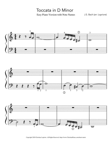 Toccata in D Minor Easy Piano Arrangement by JS Bach with note names (arr. Christina Lopriore)