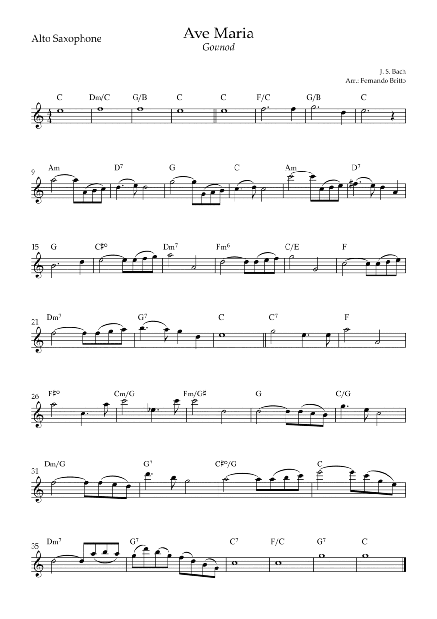 Ave Maria (Gounod) for Alto Saxophone Solo with Chords (Eb Major) (arr. Fernando Britto)