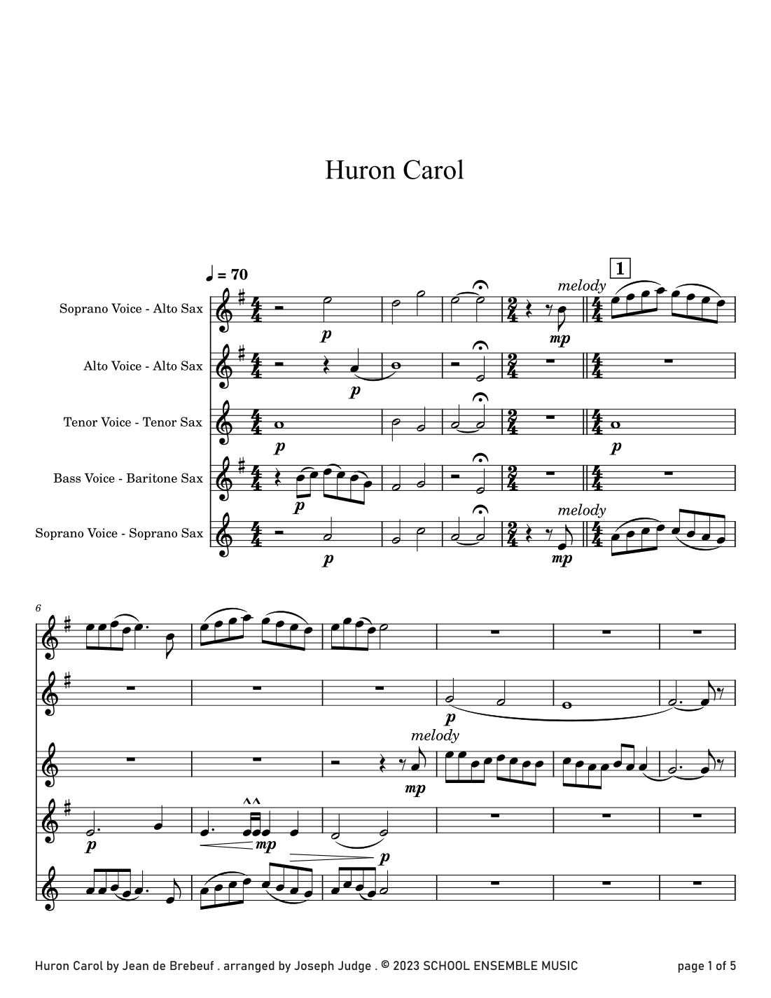 Huron Carol for Saxophone Quartet in Schools (arr. Joseph Judge)