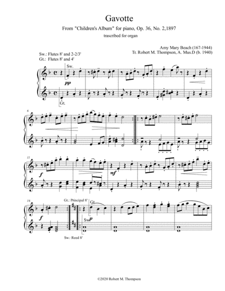 Amy Beach "Gavotte" from "Children's Album" arranged for organ (arr. Robert M. Thompson, A.Mus.D. (b.1940))
