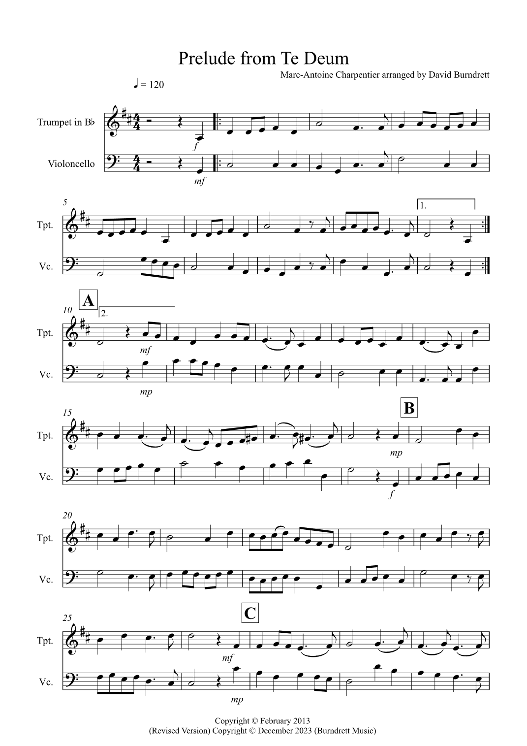 Prelude from Te Deum for Trumpet and Cello Duet (arr. David Burndrett)