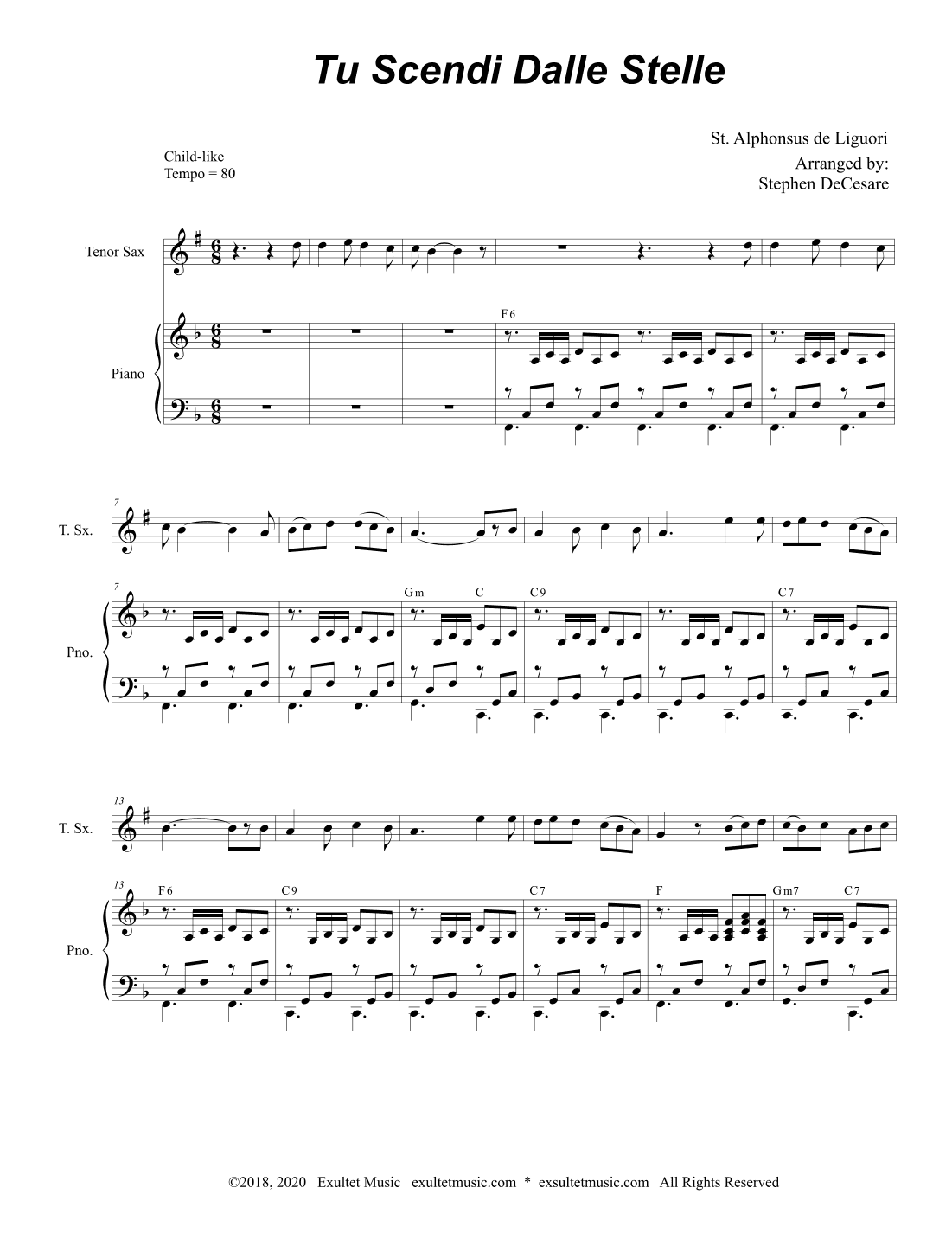 Tu Scendi Dalle Stelle (Tenor Saxophone and Piano) (arr. Stephen DeCesare)