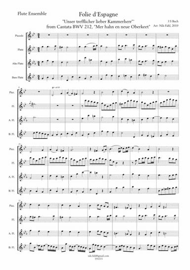 J S Bach La Folie d´Espagne - Unser trefflicher - Peasant Cantata, BWV 212. Flute Ensemble (Picc, F (arr. Nils Fahl)