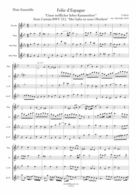 J S Bach La Folie d´Espagne - Unser trefflicher - Peasant Cantata, BWV 212. Flute Ensemble (Picc, F (arr. Nils Fahl)