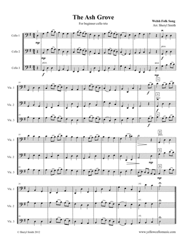 The Ash Grove, a Welsh Folk song for three advanced beginner cellos (arr. Yellow Cello Music)