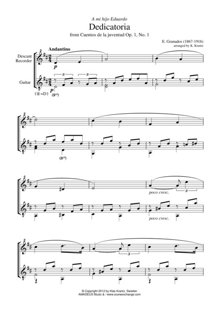 Dedicatoria for for descant recorder and guitar (arr. K. Krantz)