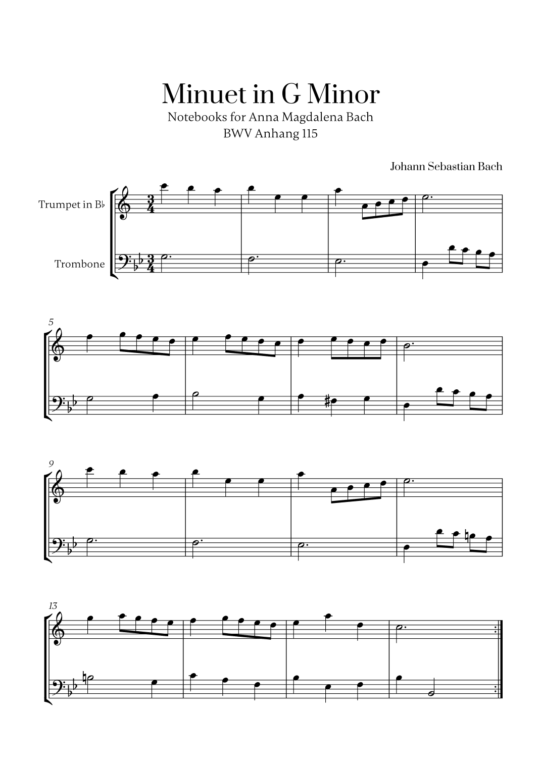 J. S. Bach - Minuet in G Minor for Trumpet in Bb and Trombone (arr. Cadenza Editions)