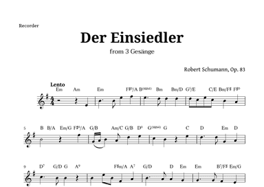 Der Einsiedler by Schumann for Recorder and Chords (arr. Langanho)