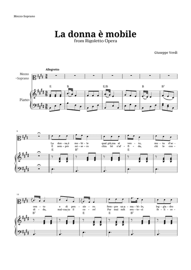 La donna è mobile in E major for Mezzo Soprano and Piano (arr. Langanho)