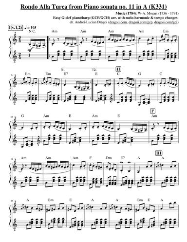 Mozart (W-A) - Rondo Alla Turca (Turkish march) - G-clef piano/harp arrangement (arr. Andrei Lucian Dragoi)