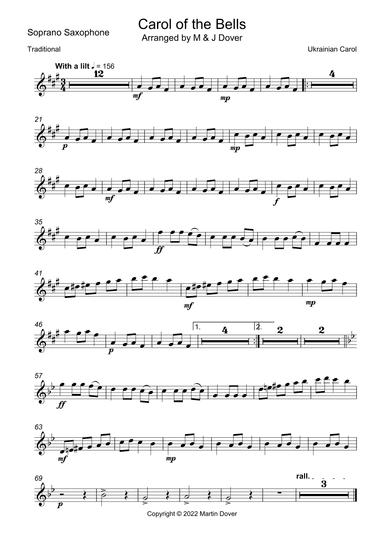 Carol of the Bells - Saxophone Quartet with Piano Accompaniment (arr. M & J Dover)