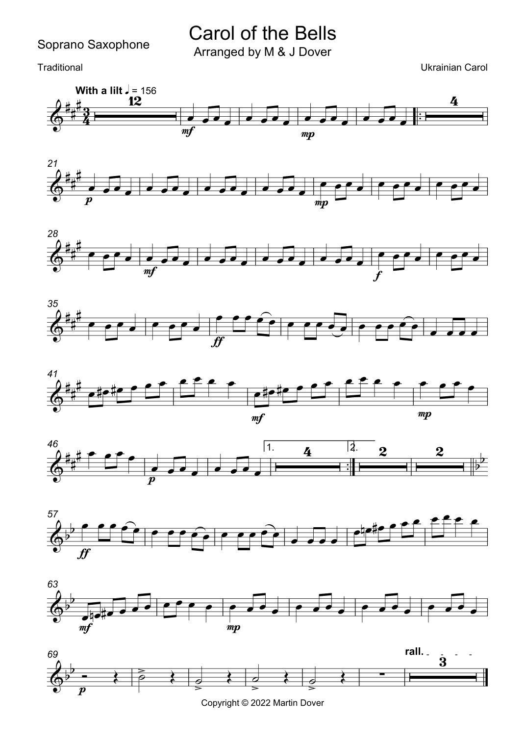 Carol of the Bells - Saxophone Quartet with Piano Accompaniment (arr. M & J Dover)