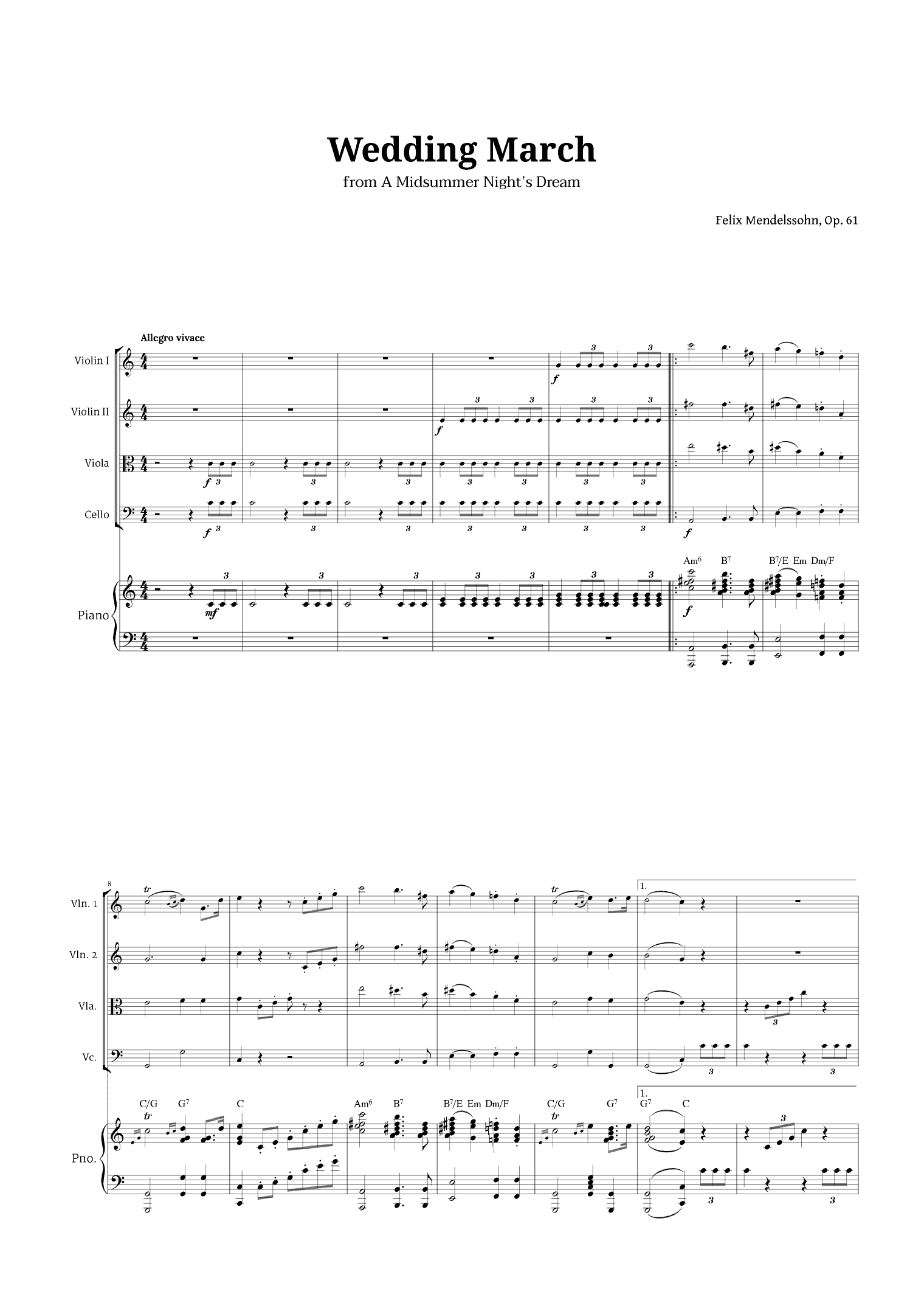 Wedding March by Mendelssohn for String Quartet and Piano with Chords (arr. Langanho)