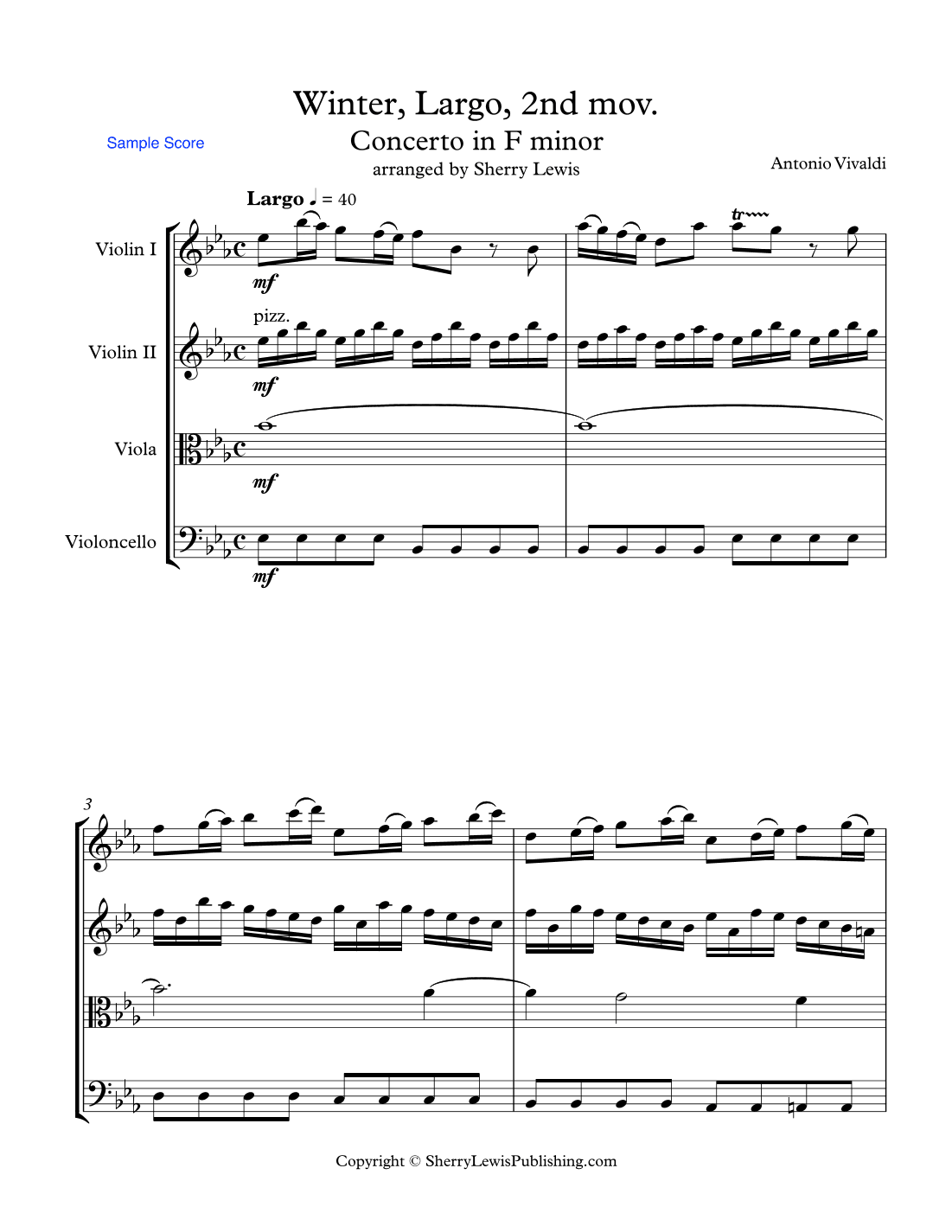 CONCERTO IN F MINOR, WINTER, 2st. Mov. (Largo), String Quartet, Intermediate Level for 2 violins, vi (arr. Sherry Lewis)
