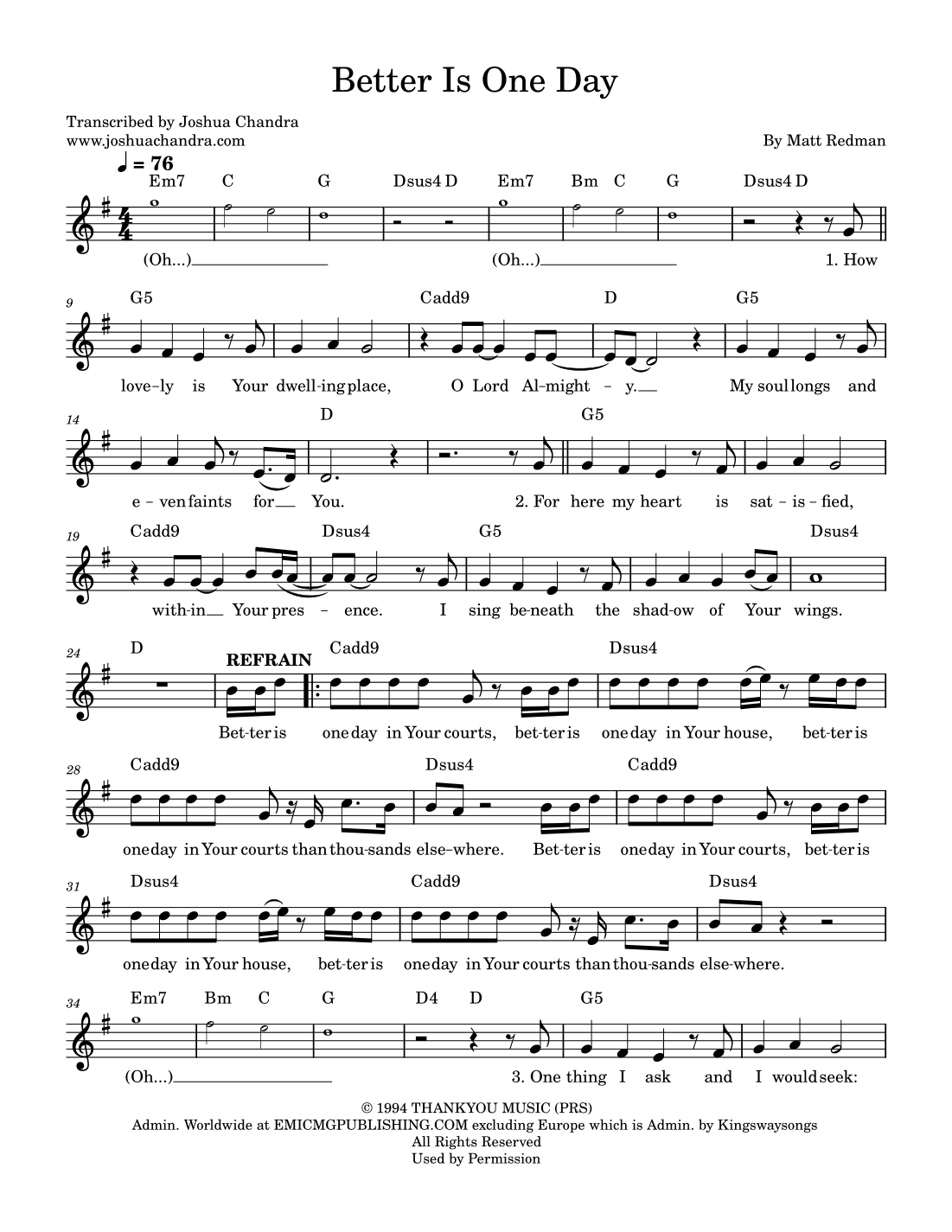 Better Is One Day (arr. Joshua Chandra)