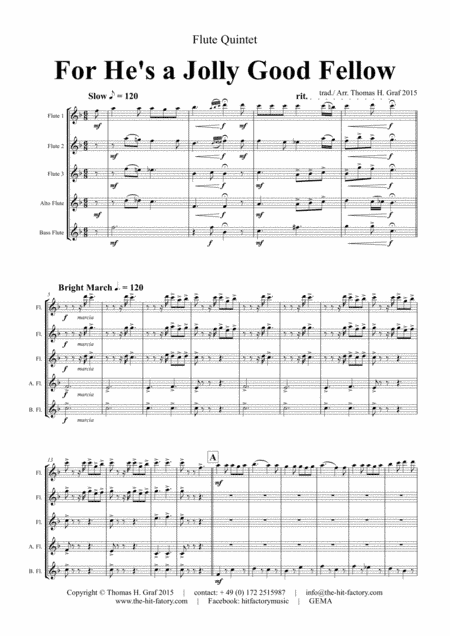 For he is a Jolly Good Fellow - Folk Song and Toast - Flute Quintet (arr. Thomas H. Graf)
