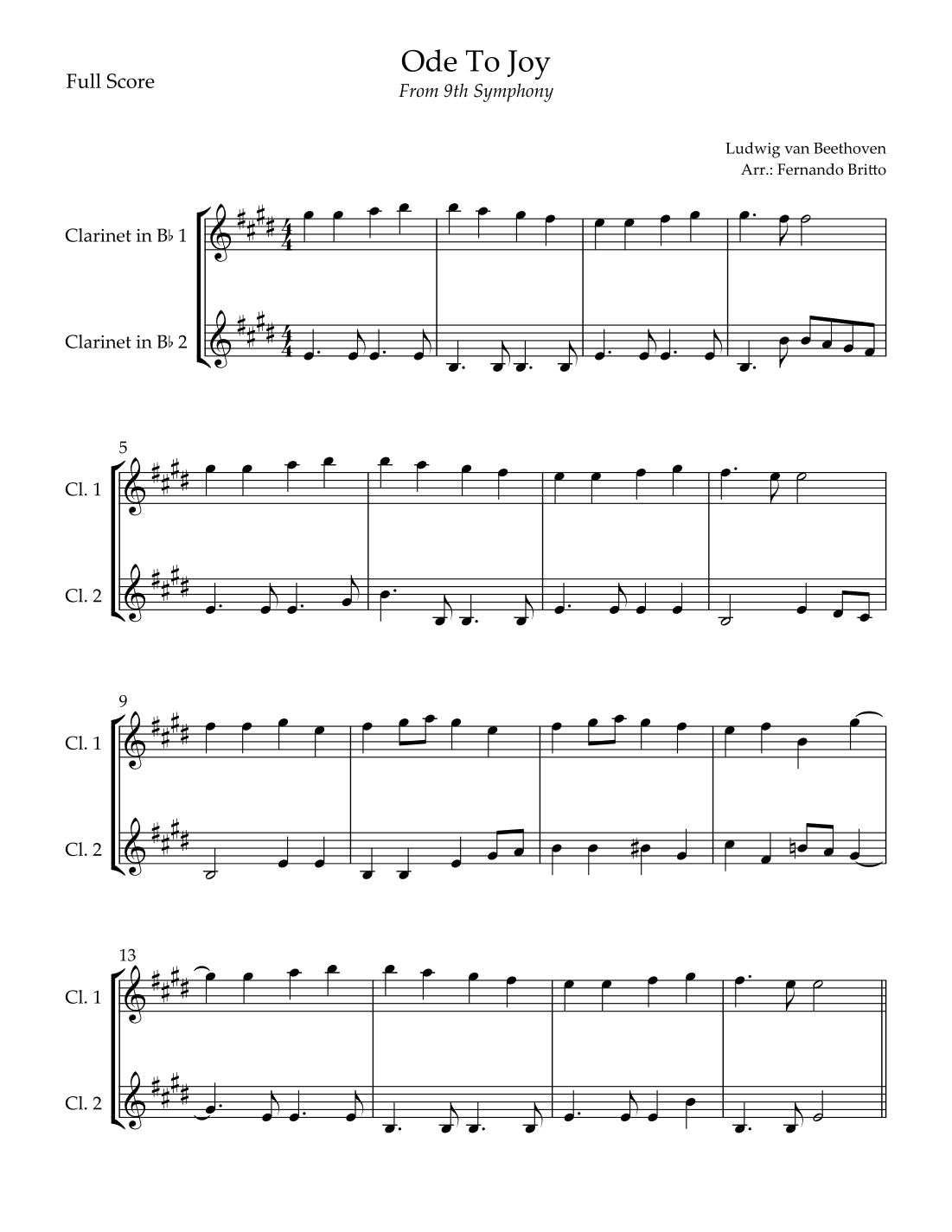 Ode To Joy Theme (from Beethoven's 9th Symphony) for Clarinet in Bb Duo (arr. Fernando Britto)