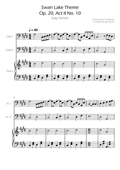 Swan Lake (theme) - Tchaikovsky - Cello Duet w/ Piano Accompaniment (arr. Ygor Nunes)