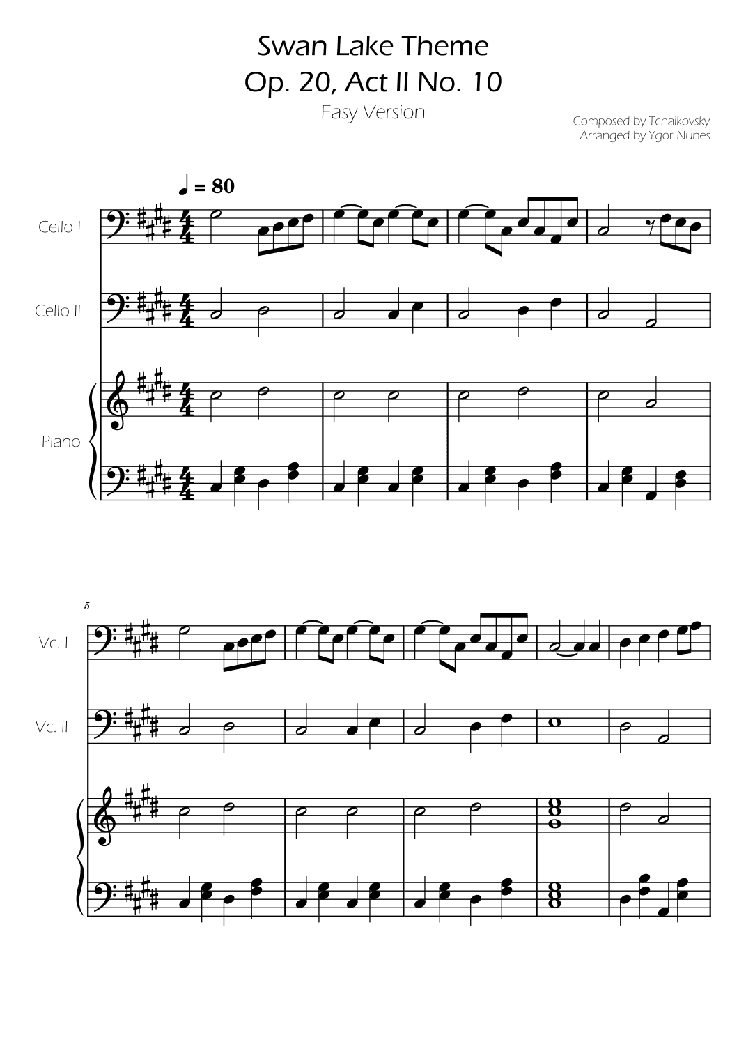 Swan Lake (theme) - Tchaikovsky - Cello Duet w/ Piano Accompaniment (arr. Ygor Nunes)