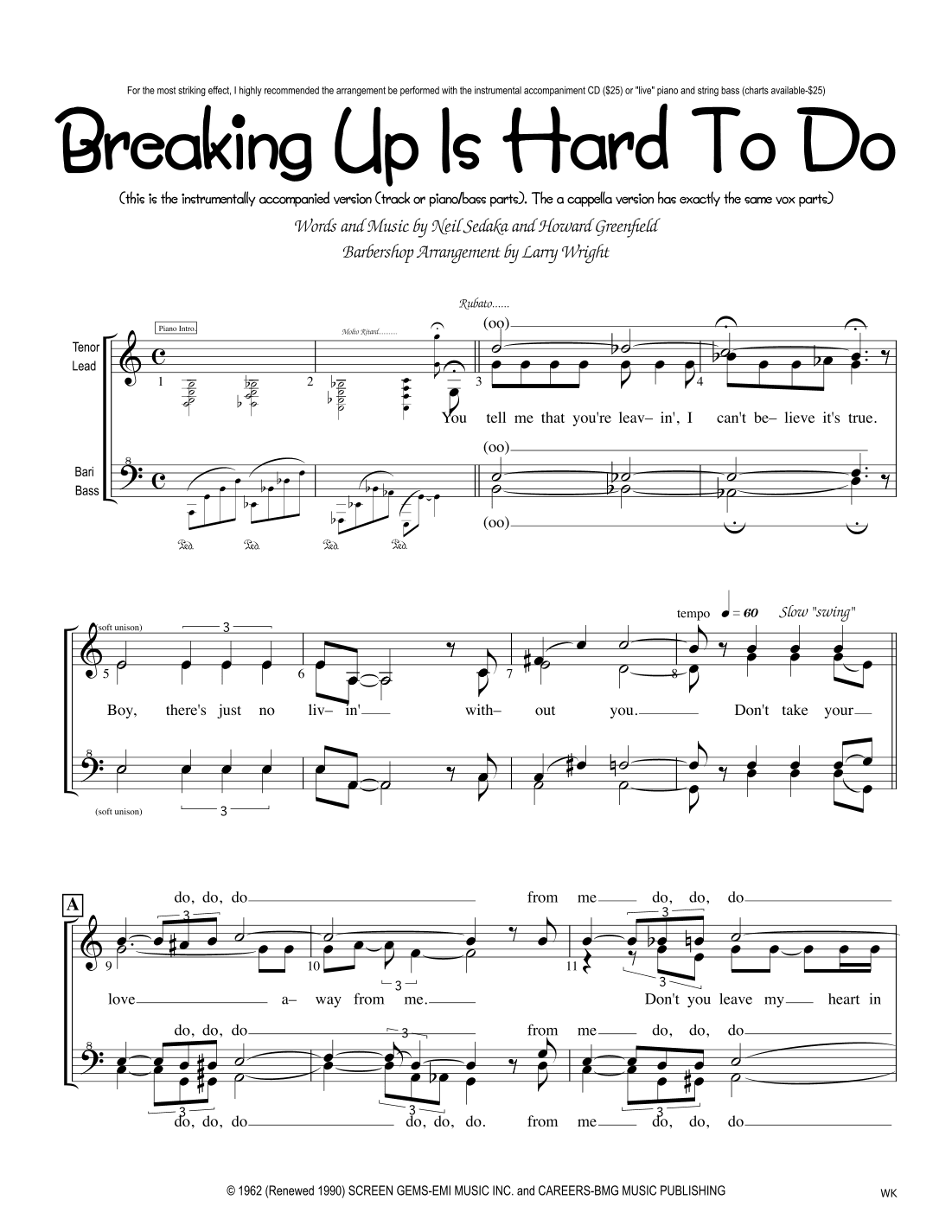 Breaking Up Is Hard To Do (arr. Larry Wright)