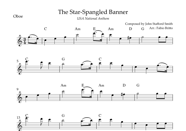 The Star Spangled Banner (USA National Anthem) for Oboe Solo with Chords (C Major) (arr. Fabio Britto)